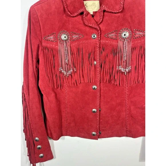 Scully Red Suede Leather Jacket Fringe Concho Beaded Medium Womens Western Wear - Picture 5 of 16